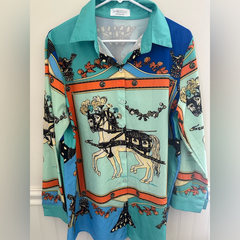 Amberger designer Vibrant Horse Print Blouse in Green and Blue - Picture 2 of 8